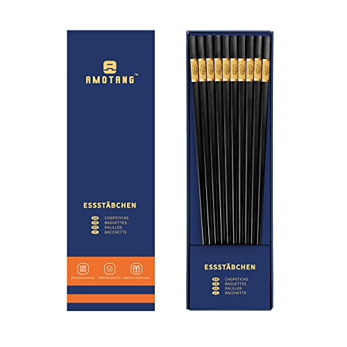 AMOTANG 5 Paar Fiberglas-Essstäbchen, Spülmaschinenfeste Stäbchen mit metallgeschnitztem Chinesisches 'FU', Rutschfest und Wiederverwendbar, Chinesisches Geschirrset, 24 cm, Schwarz + Gold 'Fu' von AMOTANG