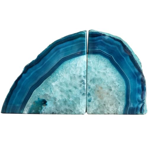 AMOYSTONE Große Achat-Geoden-Buchstützen, Robuste Stein-Dekoration für Heimbüro, Mit Gummipuffern, Blaugrün, 1 Paar, 1,8-2,7 kg von AMOYSTONE