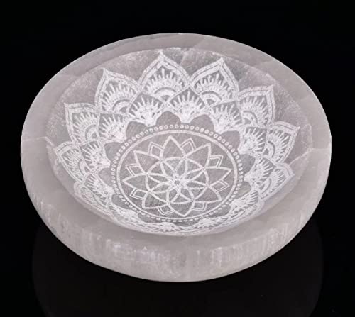 AMOYSTONE Schale aus natürlichem Selenit, Kristallschale, Mandala-Gravur, 3,5–4 von AMOYSTONE