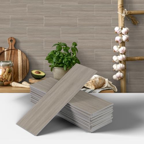 12 Stück Küchen Fliesenaufkleber, AMOYUN Holzmaserung Selbstklebende Fliesendekor 10x30cm Aufkleber Backstein PVC Wasserdichte Wandfliesen für Badezimmer Treppen Esszimmer Bad Fliesenfolie Deko von AMOYUN