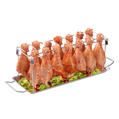 AMOZO Hühnerbein-Gestell für Grill mit Abtropfschale – einfach zu bedienen, 14 Steckplätze – Premium Edelstahl Chicken Wing Rack für Smoker – spülmaschinenfest, antihaftbeschichtet, ideal für Grillen, von AMOZO