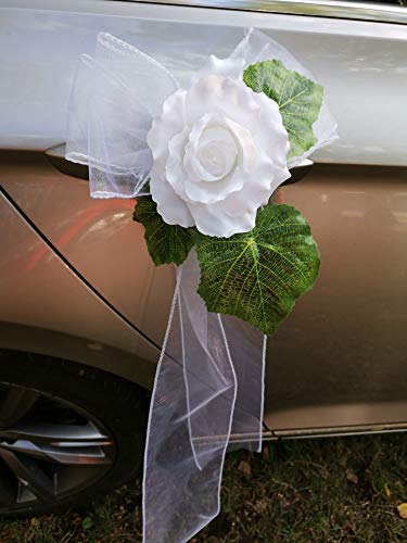 AMP Organza Schleifen mit Rose Autoschmuck Türgriff Schleifen Wedding Deko CarVarianten (4 Stück, Weiß) von AMP