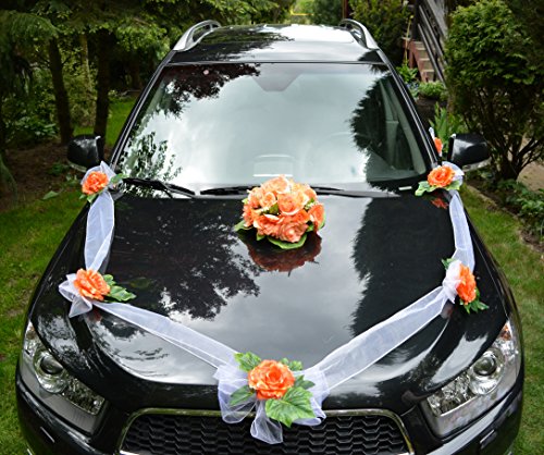 AMP Autoschmuck Autodeko Hochzeit 5 Rosen Dekor Komplett (orange, Blumenstrauß - Orange Kugel) von AMP