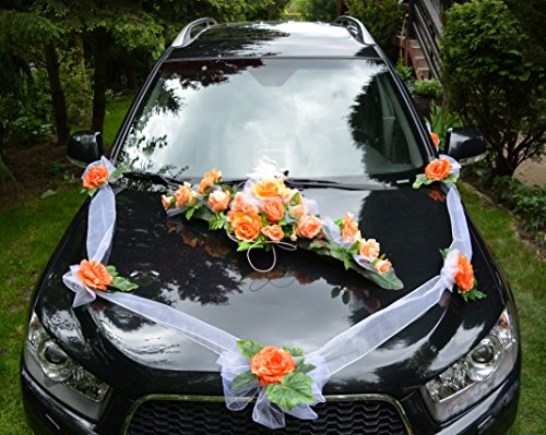 AMP Autoschmuck Autodeko Hochzeit 5 Rosen Dekor Komplett (orange, Blumestrauß + Hochzeitstauben - orange) von AMP