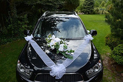 AMP Autoschmuck Autodeko Hochzeit Dekor Verschiedene Variante Komplett (Blumestrauß + Hochzeitstauben – weiß) von AMP