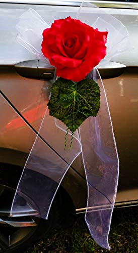 AMP Organza Schleifen mit Rose Autoschmuck Türgriff Schleifen Wedding Deko CarVarianten (2 Stück, Rot) von AMP