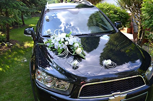 Autodeko Autoschmuck Hochzeit Deko Hochzeitsdeko Rattan 9 Rosen + Blumenstrauß NEU! (weiß) von AMP
