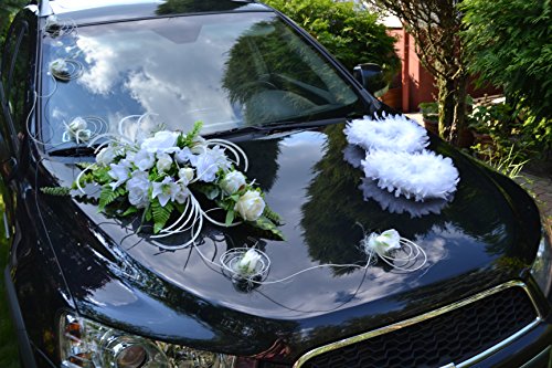 Autodeko Autoschmuck Hochzeit Deko Hochzeitsdeko Rattan 9 Rosen + Blumenstrauß NEU! (weiß+Herzen) von AMP