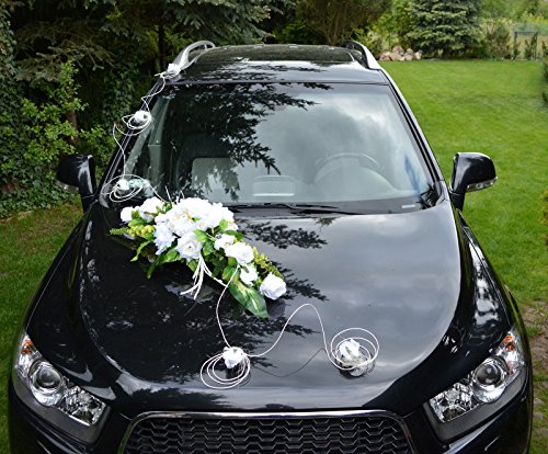 Autoschmuck Autodeko Hochzeit 9 Rosen Dekor Verschieden Farben Komplett Rattan (Blumenstrauß - Weiß, Weiß) von AMP