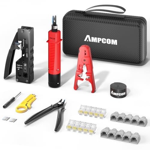 AMPCOM Ethernet Crimper Kit 9-in-1 Pass Through RJ45/RJ11 Netzwerk-Werkzeugsatz Kit für STP Cat7/6A UTP Cat6/5E/5 RJ45 Stecker mit 110 Punch Down Tool Wire Stripper in tragbarer wasserdichter Tasche von AMPCOM