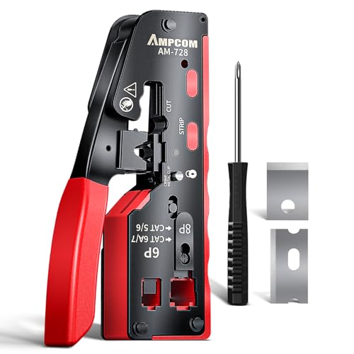 AMPCOM Pass-Through RJ45 Crimpzange – All-in-One Ethernet-Crimper für STP/UTP RJ45 & RJ11 Stecker, kompatibel mit Cat8, Cat7, Cat6A, Cat6, Cat5e, Cat5 – Modell AM-728RD von AMPCOM