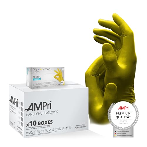 AMPri Nitrilhandschuhe, gelb, 10 Box a 100 Stk, Größe L, puderfrei, Style Lemon by Med-Comfort: Nitril Einmalhandschuhe, Einweghandschuhe in den Größen XS, S, M, L, XL AMPri Nitrilhandschuhe, gelb, 10 Box a 100 Stk, Größe L, puderfrei, Style Lemon by Med-Comfort: Nitril Einmalhandschuhe, Einweghandschuhe in den Größen XS, S, M, L, XL von AMPRI