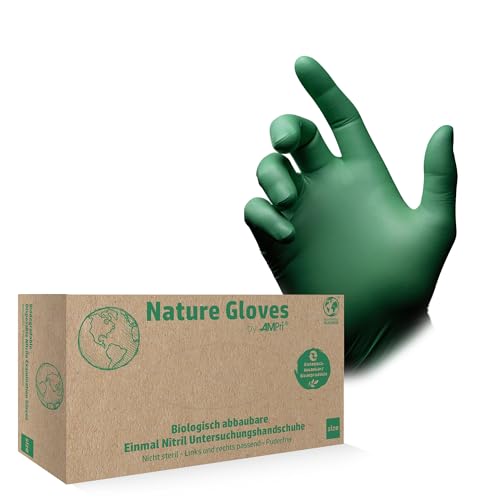 AMPri Biologisch abbaubare Nitrilhandschuhe, grün, 100 Stück/Box, Größe S, puderfrei, Nature Gloves by Med-Comfort: Nitril Einmalhandschuhe, Einweghandschuhe in den Größen XS, S, M, L, XL von AMPri