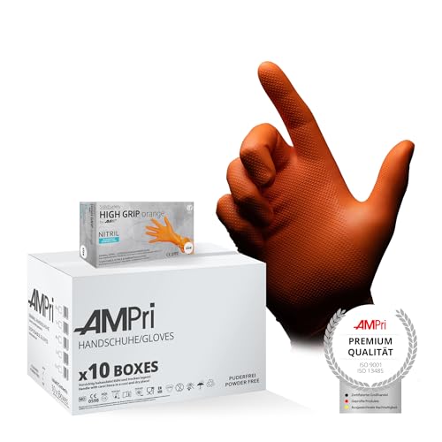 AMPri High Grip Einmalhandschuh aus Nitril, 10 Box a 50 Stk, Größe S, orange, SolidSafety: extra griffiger und chemikalienbeständiger Arbeitsschutzhandschuh in den Größen S, M, L, XL, XXL von AMPri
