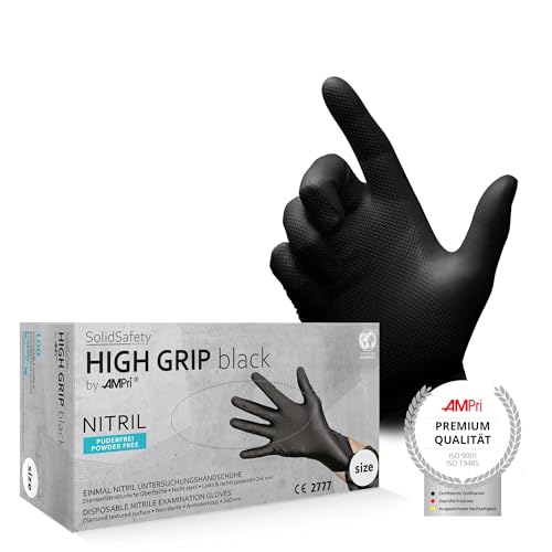 AMPri High Grip Einmalhandschuh aus Nitril, 100 Stück/Box, Größe S, schwarz, SolidSafety: extra griffiger und chemikalienbeständiger Arbeitsschutzhandschuh in den Größen S, M, L, XL, XXL von AMPri