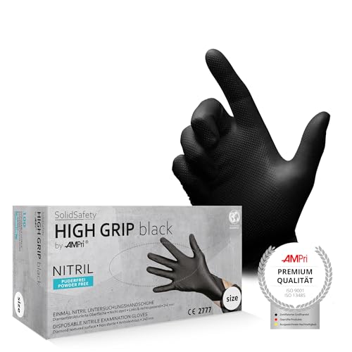 AMPri High Grip Einmalhandschuh aus Nitril, 100 Stück/Box, Größe XL, schwarz, SolidSafety: extra griffiger und chemikalienbeständiger Arbeitsschutzhandschuh in den Größen S, M, L, XL, XXL von AMPri