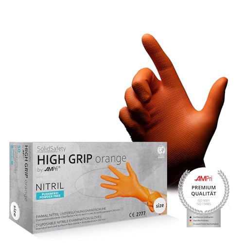 AMPri High Grip Einmalhandschuh aus Nitril, 50 Stück/Box, Größe S, orange, SolidSafety: extra griffiger und chemikalienbeständiger Arbeitsschutzhandschuh in den Größen S, M, L, XL, XXL von AMPri