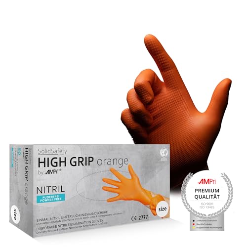 AMPri High Grip Einmalhandschuh aus Nitril, 50 Stück/Box, Größe XL, orange, SolidSafety: extra griffiger und chemikalienbeständiger Arbeitsschutzhandschuh in den Größen S, M, L, XL, XXL von AMPri
