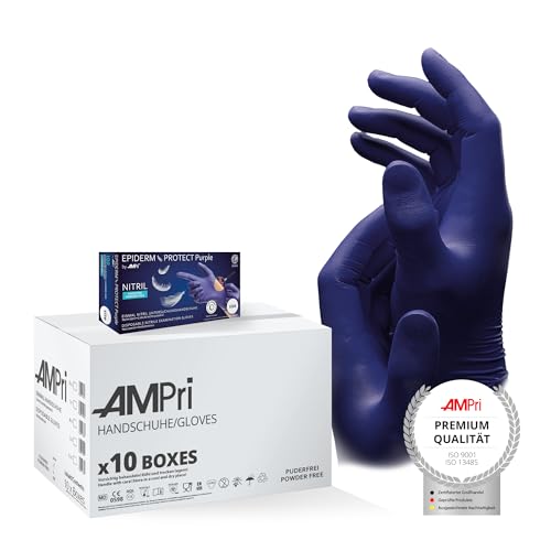 AMPri Nitrilhandschuhe, Low Derma, violett, 10 Box a 100 Stk, Größe L, puderfrei, Epiderm Protect Purple by Med-Comfort: Nitril Einmalhandschuhe, Einweghandschuhe in den Größen XS, S, M, L, XL von AMPri