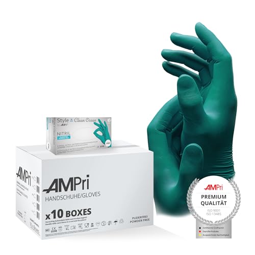 AMPri Nitrilhandschuhe, grün, 10 Box a 100 Stk, Größe L, puderfrei, Style CLEAN OCEAN by Med-Comfort: Nitril Einmalhandschuhe, Einweghandschuhe in den Größen XS, S, M, L, XL von AMPri