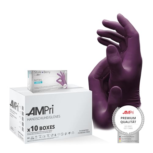 AMPri Nitrilhandschuhe, lila, 10 Box a 100 Stk, Größe M, puderfrei, Style Berry by Med-Comfort: Nitril Einmalhandschuhe, Einweghandschuhe in den Größen XS, S, M, L, XL von AMPri