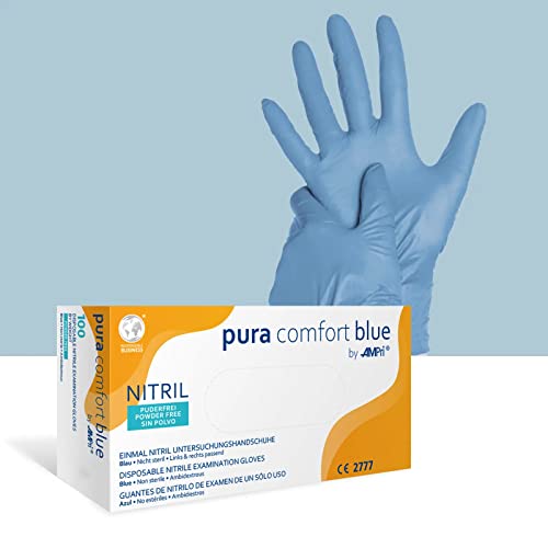 AMPri Nitrilhandschuhe, blau, 100 Stück/Box, Größe L, puderfrei, Puracomfort blue: Nitril Einmalhandschuhe, Einweghandschuhe in den Größen XS, S, M, L, XL, XXL von AMPRI
