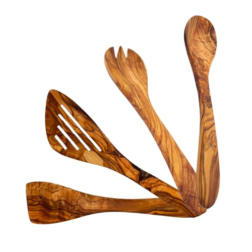 AMRAMI® Olivenholz Set – 4 Teile, 2X Pfannenwender & 2X Salatbesteck Servierbesteck– Hochwertige Küchenutensilien aus Olivenholz von AMRAMI