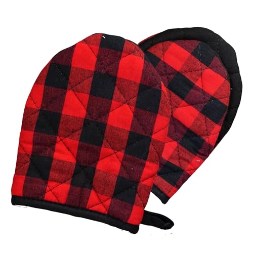 AMRAMI Ofenhandschuhe hitzebeständig, Topfhandschuhe Set aus Baumwolle zum Kochen und Backen, 2 Backofenhandschuhe, waschbar (Kariert Rot/Schwarz) von AMRAMI