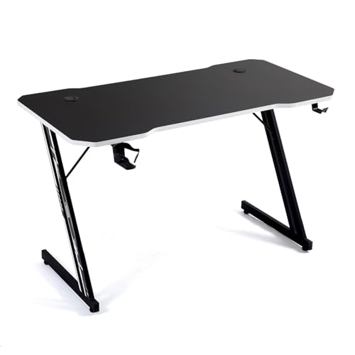 Gaming Schreibtisch in Carbonoptik, 120 x 60 x 73 cm, mit Getränkehalter und Kopfhörerhalter, Z-Beine, Weiß von AMS GAMING
