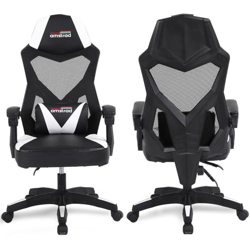 Gaming- und Bürostuhl, Schwarz-Weiß, Mesh-Gewebe, Lordosenstütze, 90-135° Neigung, 46 cm Sitzbreite von AMS GAMING
