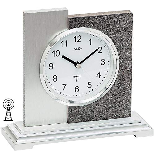 AMS 5150 Tischuhr Funk Silbern Modern in Naturstein-Optik mit Aluminium Auflage von AMS