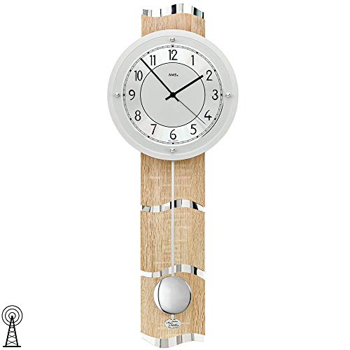 AMS 5214 Wanduhr Funk Funkwanduhr mit Pendel Silbern Holz Sonoma Optik Pendeluhr von AMS