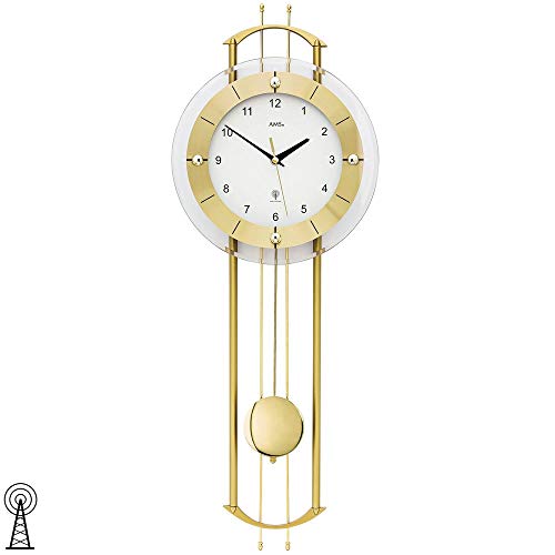 AMS 5257 Wanduhr Funk Funkwanduhr mit Pendel golden modern Pendeluhr mit Glas von AMS