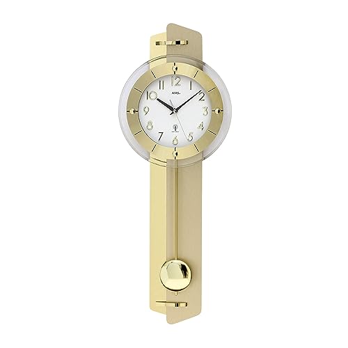 AMS. Pendelwanduhr 5267, Funk, Gold, Holzgehäuse mit Messing-Applikation, Mineralglas, Made in Germany von AMS