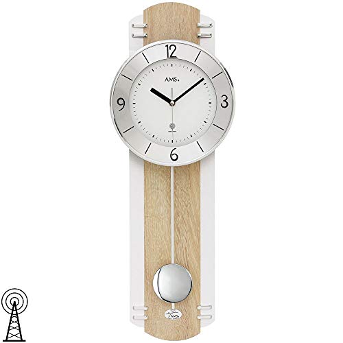 AMS 5291 Wanduhr Funk Funkwanduhr mit Pendel Pendeluhr Holz Sonoma Optik von AMS