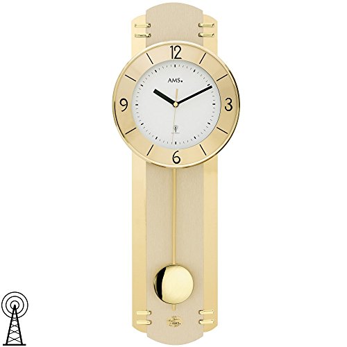AMS 5293 Wanduhr Funk Funkwanduhr mit Pendel Pendeluhr Messing Farben mit Glas von AMS