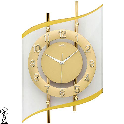 AMS 5505 Wanduhr Funk Funkwanduhr Analog Golden Modern geschwungen mit Glas von AMS