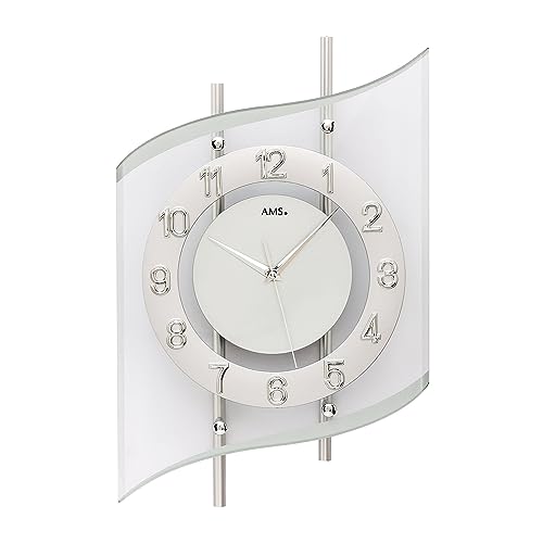 AMS. Funk-Wanduhr 5506, modern, Silber, geschwungenes Mineralglas, Metallgehäuse, für Wohnzimmer, Schlafzimmer von AMS