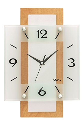AMS 5507 Wanduhr Funk Funkwanduhr Analog Holz Buche Massiv Eckig mit Glas von AMS