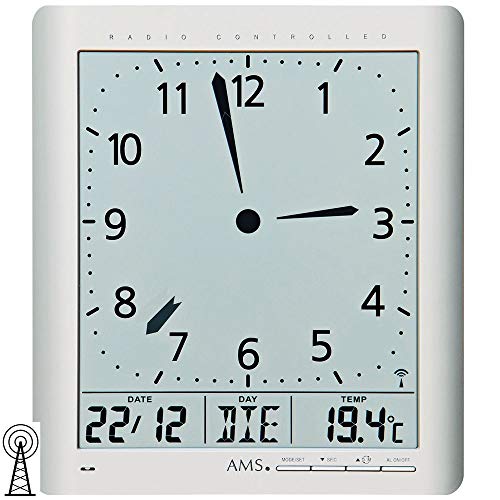AMS 5898 Wanduhr Tischuhr Funk Digital Silbern Datum Thermometer Weckfunktion von AMS