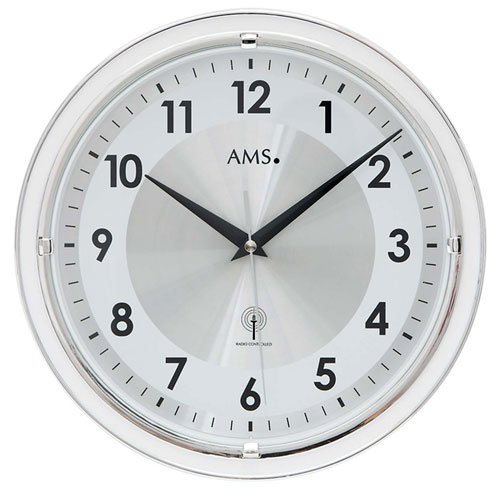 AMS 5945 Wanduhr Funk , Kuststoffgehäuse mit Aluminium - Zifferblatt , Mineralglas von AMS