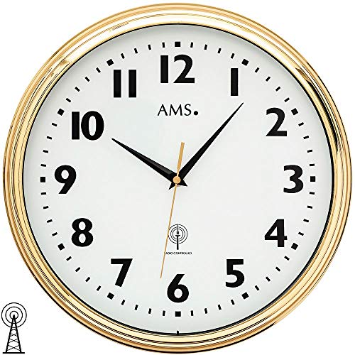 AMS 5963 Wanduhr Funk Funkwanduhr Analog Messing Farben Golden Rund mit Glas von AMS