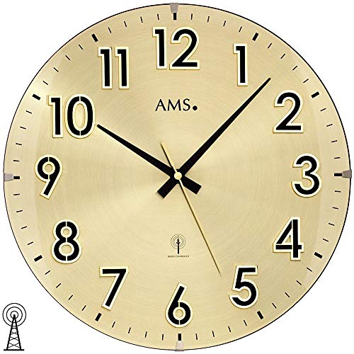 AMS 5974 Wanduhr Funk Funkwanduhr Analog Messing Farben Golden mit Glas von AMS
