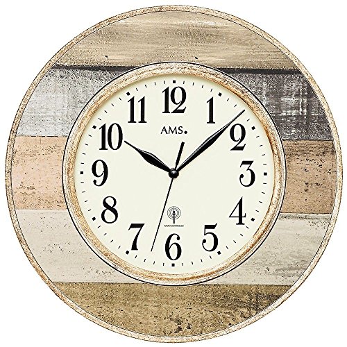 AMS 5975 Wand Dekouhr Funkuhr Funktechnik Wanduhr Rund Vintage Antik Landhaus Stil Kunststoffgehäuse in Holz dekor- Optik von AMS