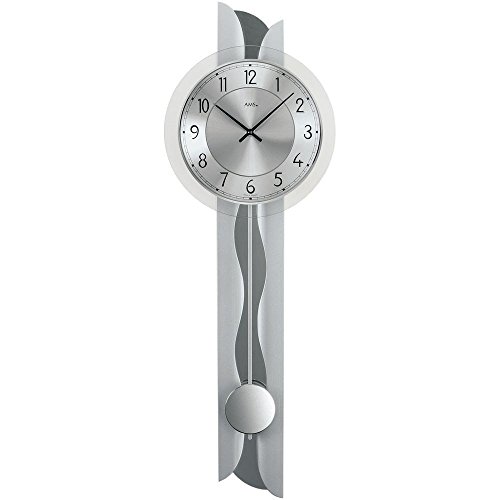 AMS 7216 Quarz Wohnzimmer Wanduhr mit Pendel moderne Pendelwanduhr Silber lackiert mit Metallpendel von AMS