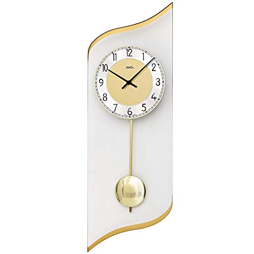 AMS 7437 Wanduhr Quarz mit Pendel Golden Pendeluhr mit Aluminium und Glas von AMS
