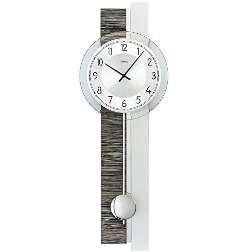AMS 7439 Pendel-Uhr, Wanduhr mit Quarz-Uhrwerk, Silber / Grau / Holz-Optik, mit facettiertem Mineralglas - Wohnzimmer Pendelwanduhr von AMS