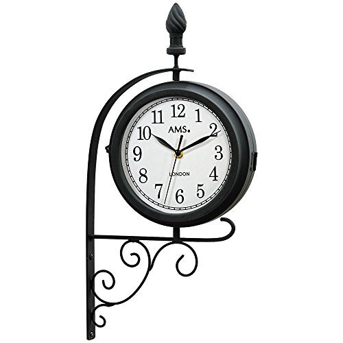AMS 9433 Garten-Metalluhr Wanduhr Quartzwerk, Uhr doppelseitig und drehbar RETRO Look Vintage Antik Design, wetterfestes Metallgehäuse von AMS