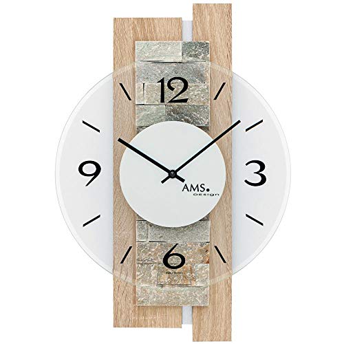 AMS 9542 Wanduhr Quarz analog modern Holz Sonoma Optik mit Naturstein und Glas von AMS