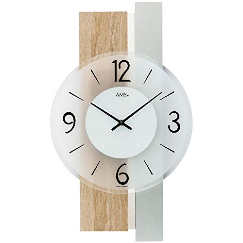 AMS 9554 Wanduhr Quarz Analog Silbern Modern Holz Sonoma Optik mit Glas von AMS